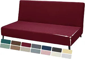 ZNSAYOTX Stretch Fit Futon Cover (67"-82") Armless Futon Sofa Bed Slipcover with Elastic Band, Universal Foldable Sofa Mattress Protector Full Queen Size, Washable Comfort Jacquard (Wine Red)