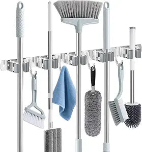 HANZENMA 5 Racks and 4 Hooks Wall-Mounted Mop and Broom Holder, Self-Adhesive Heavy-Duty Broom Hanger Organizer, Heavy-Duty Storage and Organization for Home, Kitchen, Garden, Garage, and Rooms Grey