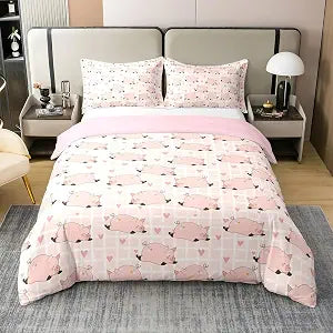 Manfei Pig Duvet Cover Set 100% Organic Cotton King Size Cute Cartoon Farm Livestock Comforter Cover with 2 Pillowcases Heart White Stripes Plaid Bedding Set for Bedroom Dcor,No Comforter