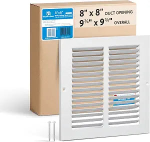 Steel Return Air Grille, Fits Universal Duct Opening, White HVAC Cold Air Intake Vent Cover for Sidewall & Ceiling, Stamped Durable Steel Outer Dimensions for Ventilation (8" W x 8" H)