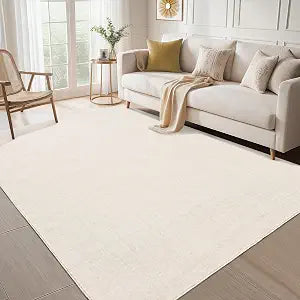 Washable Rug 5x7 Neutral Area Rugs Modern Solid Living Room Rug with Non Slip Backing, Low Pile & Stain-Resistant Easy Cleaning Floor Carpet for Bedroom, Dining Room, Home, Office, Beige