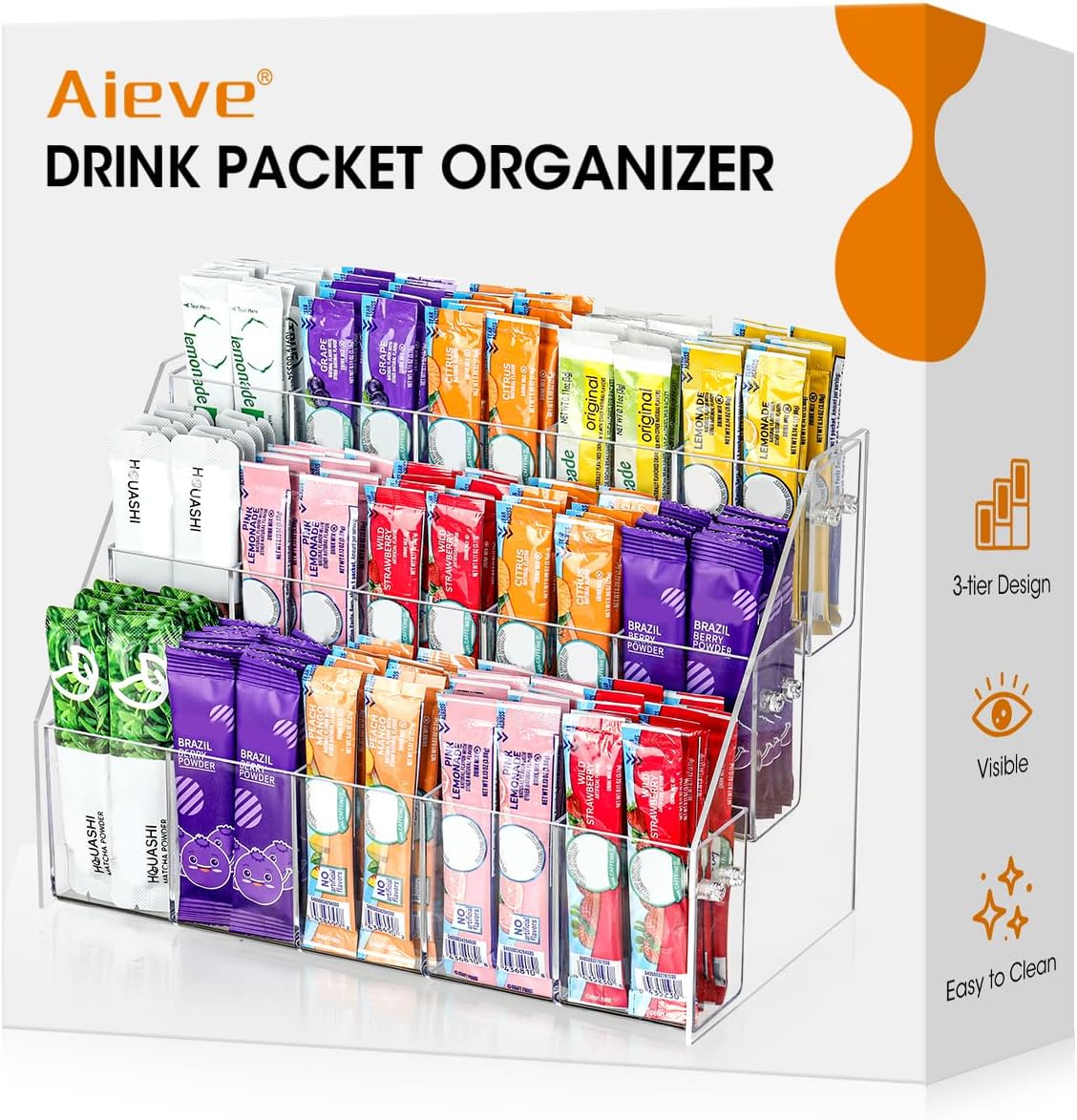 AIEVE Drink Packet Organizer with 15 Compartments, Water Packet Organizer for Water Flavor Drink Mix, Easy Assembly Acrylic Sugar Packets Holder for Cabinet Kitchen Storage Organization
