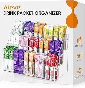 AIEVE Drink Packet Organizer with 15 Compartments, Water Packet Organizer for Water Flavor Drink Mix, Easy Assembly Acrylic Sugar Packets Holder for Cabinet Kitchen Storage Organization