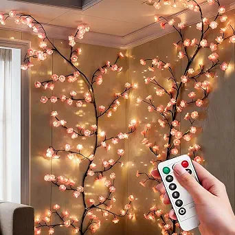 91 Inch Cherry Blossom Lights with Remote, 144 LED Cherry Blossom Branch Lights for Wall, 8 Lighting Modes&Timer, Flexible DIY Indoor Decoration for Home, Christmas, Wedding, Party