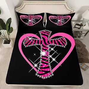 Feelyou Kids Zebra Print Bedding Set Full Size, Glitter Cross Bed Sheets Set for Boys Girls Cute Heart Pattern Fitted Sheet Y2K Bed Cover Bedroom Decor Lightweight Bed Set (No Flat Sheet)
