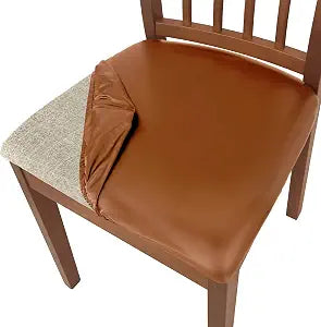 PU Leather Seat Covers for Dining Chairs, 4 Pack 100% Waterproof Dining Room Chair Seat Covers Stretch and Wipeable Kitchen Chair Cover Protectors (PU Orange, 4 PCS)