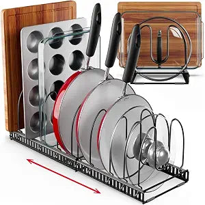 Better Things Home 7.5 Wide 12-Slot Adjustable Large Pan and Pot Lid Organizer with Scratch-Free Pads, Expandable Pot Lid Holder Rack for Cabinet, Pots and Pans Organizer Inside Cabinet