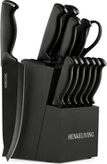 14-Piece Black Kitchen Knife Block Set with Built-In Sharpener