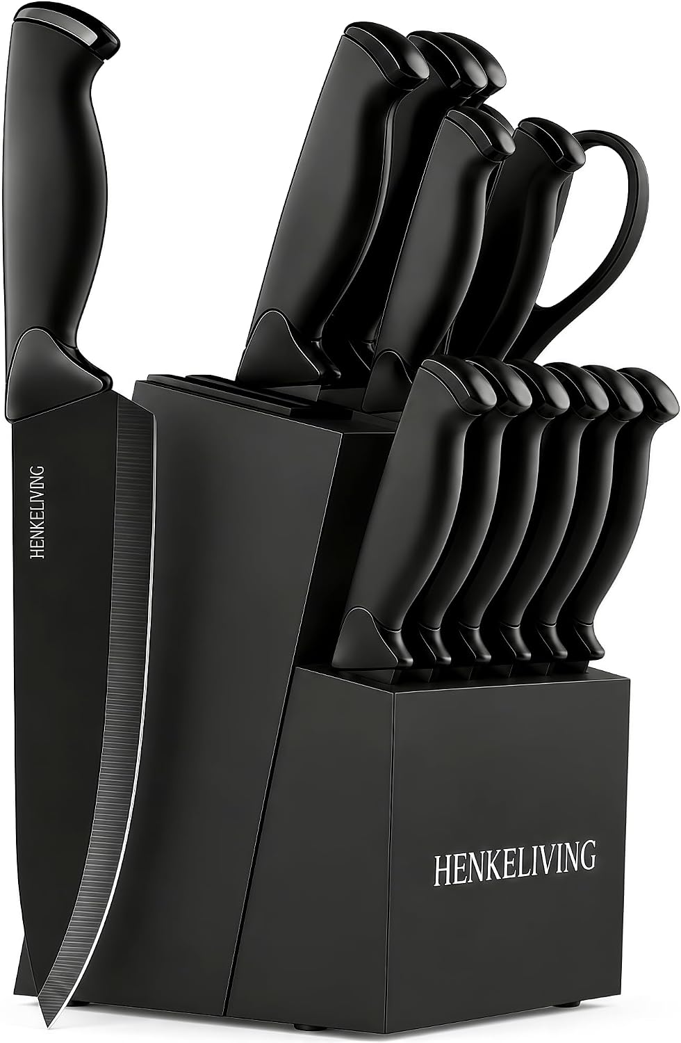 14-Piece Black Kitchen Knife Block Set with Built-In Sharpener