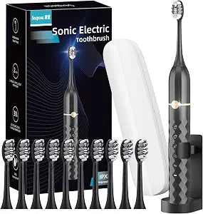 Seapeoa Sonic Electric Toothbrush Set, Equipped with 10 Brush Heads and Travel Case, IPX8 Waterproof, 2-Minute Timer, 42000 High-Frequency Vibrations, 5 Modes, The First Choice for Gift Giving, Black