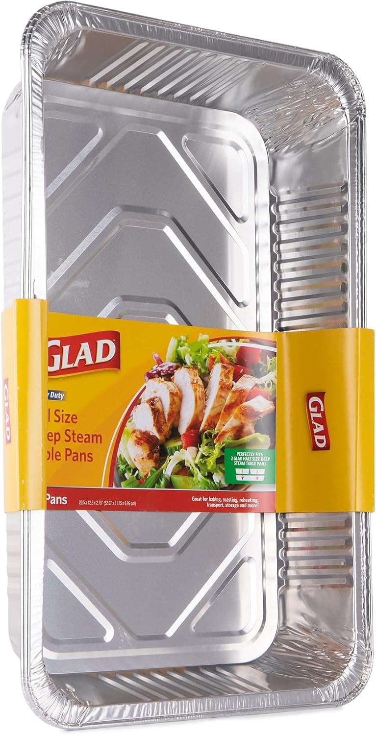 Glad Disposable Full Size Deep Steam Table Pans, 20.5 x 12.5 x 2.75", 2 Ct