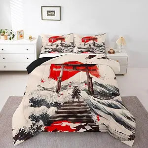 Feelyou Boys Girls Samurai Comforter Set Full Size, Japanese Traditional Pattern Comforter Set Kids Japanese-Style Duvet Insert Bedroom Decor Bed Set 3Pcs
