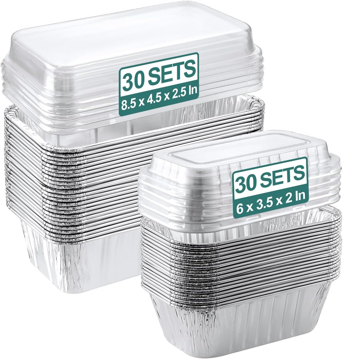 NEEBAKE 60 Pack Disposable Aluminum Loaf Pans with Lids Combo Set - 30 Pack 8.5x4.5x2.5 Foil Loaf Pans & 30 Pack 6x3.5x2 Mini Tin Foil Baking Pans Tin Trays Food Containers for Baking Cakes Bread Meat