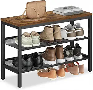VASAGLE 3 Tier Shoe Rack Bench, One Piece Shelves, Shoe Storage Organizer with Raised Edges, Industrial Style, Easy Assembly, 11 x 29.5 x 19.7 Inches, Rustic Brown and Matte Black ULSB070KD01S