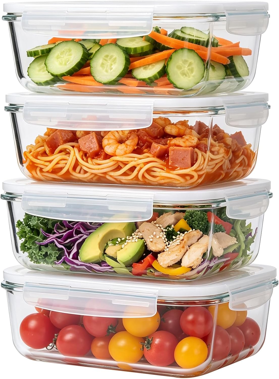 4 Pack 63oz/8 Cups Large Glass Food Storage Containers with Lids, White