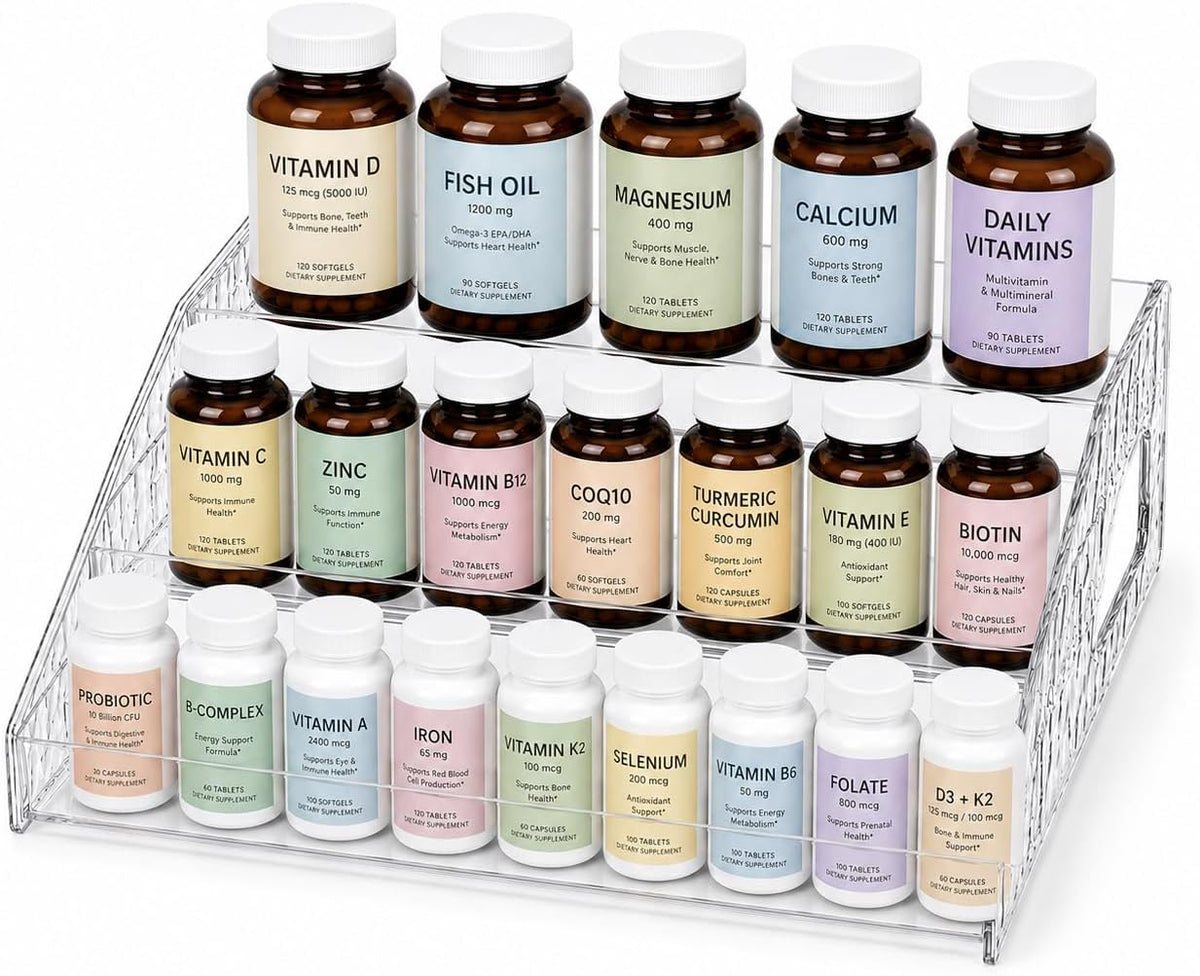 NUOREEL Clear Acrylic 3-Tier Vitamin Shelf Organizer for Countertop, Supplement Bottle Organizer Tray for Daily Vitamins, Medicine, Skincare & Perfume, 1 Pack