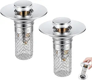 Bathroom Sink Drain Strainer, Pop-up Sink Stopper Hair Catcher with Removable 304 Stainless Steel Strainer Basket Hair Catcher, Bathroom Sink Strainer for Bathroom Sink Stopper Replacement, 2 PCS