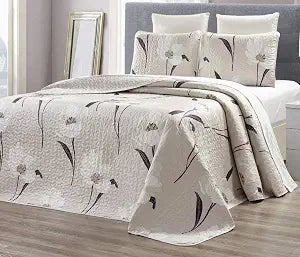 Grand Linen 3-Piece Fine Printed (90" X 88") Quilt Set Reversible Bedspread Coverlet (Double) Full Size Bed Cover (Taupe, Brown, White Tulip Floral)