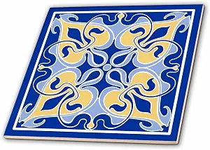 3dRose Victorian Art Nouveau Design Blue Yellow Mug 12 Inch Ceramic Tile