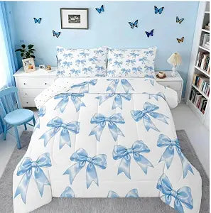 Feelyou Kawaii Bowknot Girls Bedding Set Soft for Boys Girls, Dreamy Princess Style Comforter Set Twin Size Girly Cute Bow Duvet Quilt Blue Bow Tie Bedroom Decor Modern 2 Pcs with 1 Pillow Cases