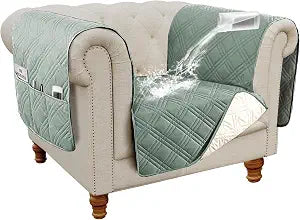 H.VERSAILTEX 100% Waterproof Chair Slipcover Armchair Covers with Extra Long Armrest Cover Traditional Chesterfield Furniture Protector Cover for Pets Kids Children Dog Cat(Chair, Lily Pad/Beige)