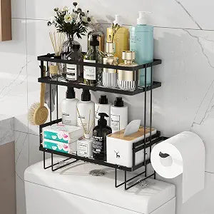 Godboat 2-Tier Over Toilet Storage Shelf, Wall-Mount with 2 Hook/Paper Rack