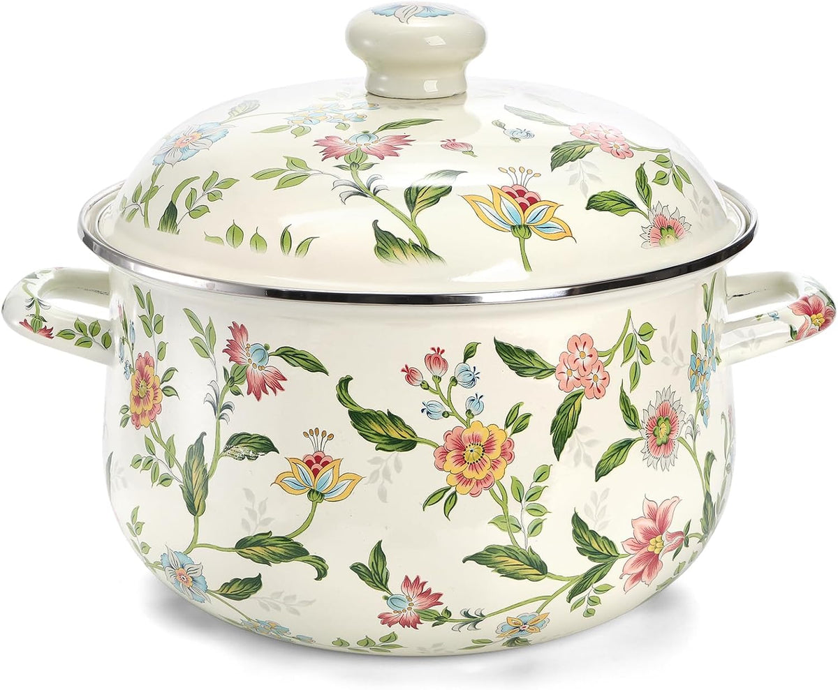 Jucoan 5 Quart Enamel Stockpot with Lid, Green Floral Enamelware Cooking Pot with Dual Handles for Stovetop, Large Soup Pot Potpourri Simmer Pot Gift for Housewarming Thanksgiving Christmas