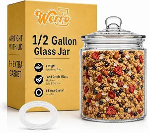 1/2 Gallon Glass Storage Jar With Airtight Lid, Glass Jar With Lid - Extra Gasket - Cookie Jar, Candy,Coffee, Glass Food Storage Containers With Lids, Kitchen Storage, Laundry Room Organization