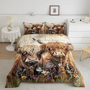jejeloiu Highland Cow Comforter Set Twin Size Kids Highland Cattle Bedding Set for Boys Girls Teens Adults, Animal Duvet Quilt Breathable Soft Lightweight Room Decor 2Pcs