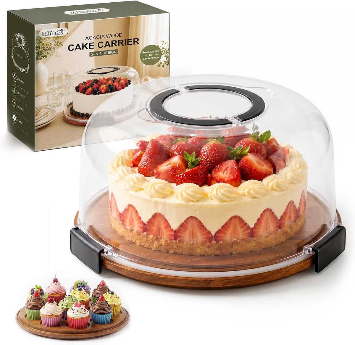 Renmxj Acacia Wood Cake Carrier, Portable Cake Stand with Lid and Handle