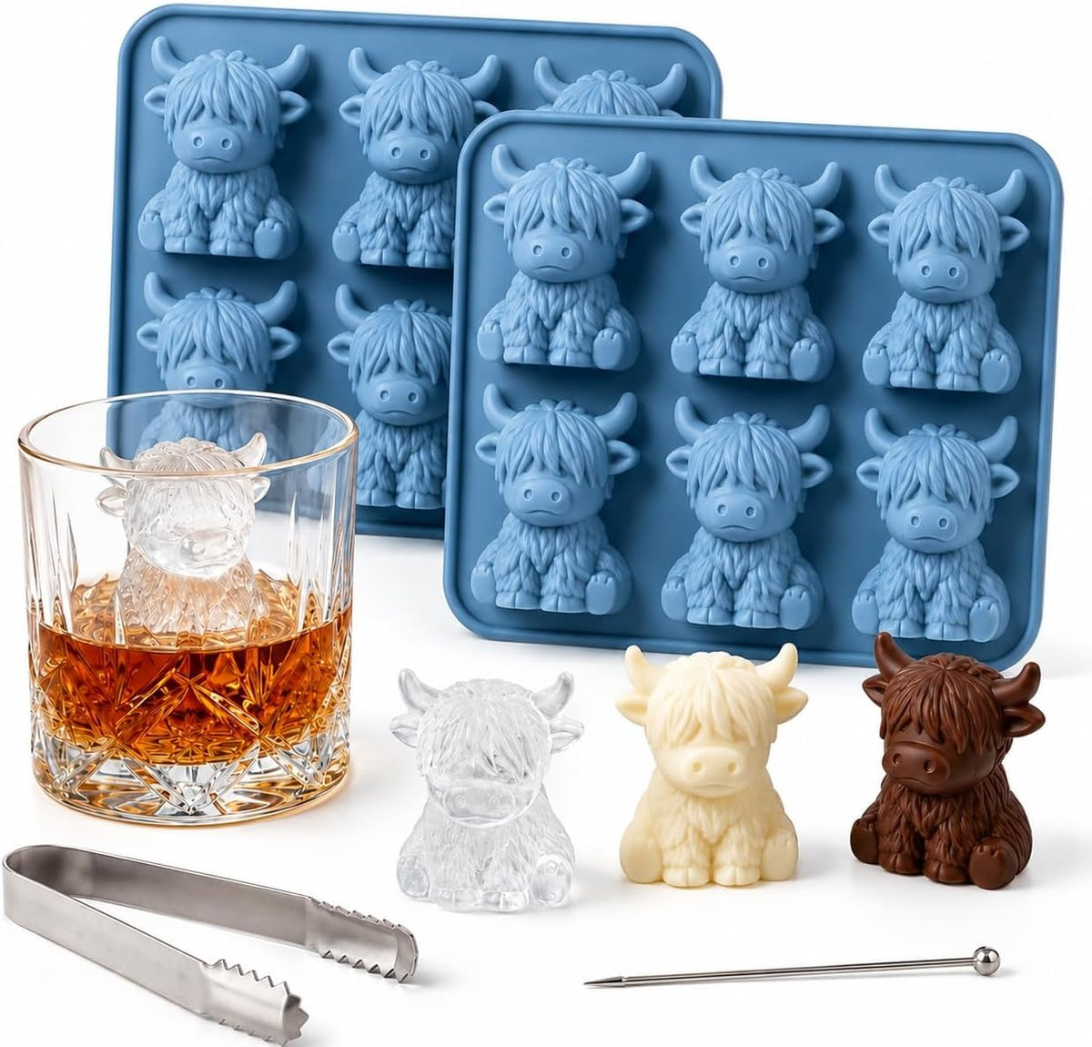 2PCS 3D Highland Cow Ice Cube Mold for Drinks, Candy, Baking, Butter & Soap