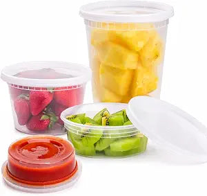 TashiBox 24 Sets Plastic Deli Food Containers With Lids, 8 oz 16oz 32oz, 8 sets each, Airtight Food Storage Containers, Freezer/Dishwasher/Microwave Safe, Soup Containers For Takeout Food Storage