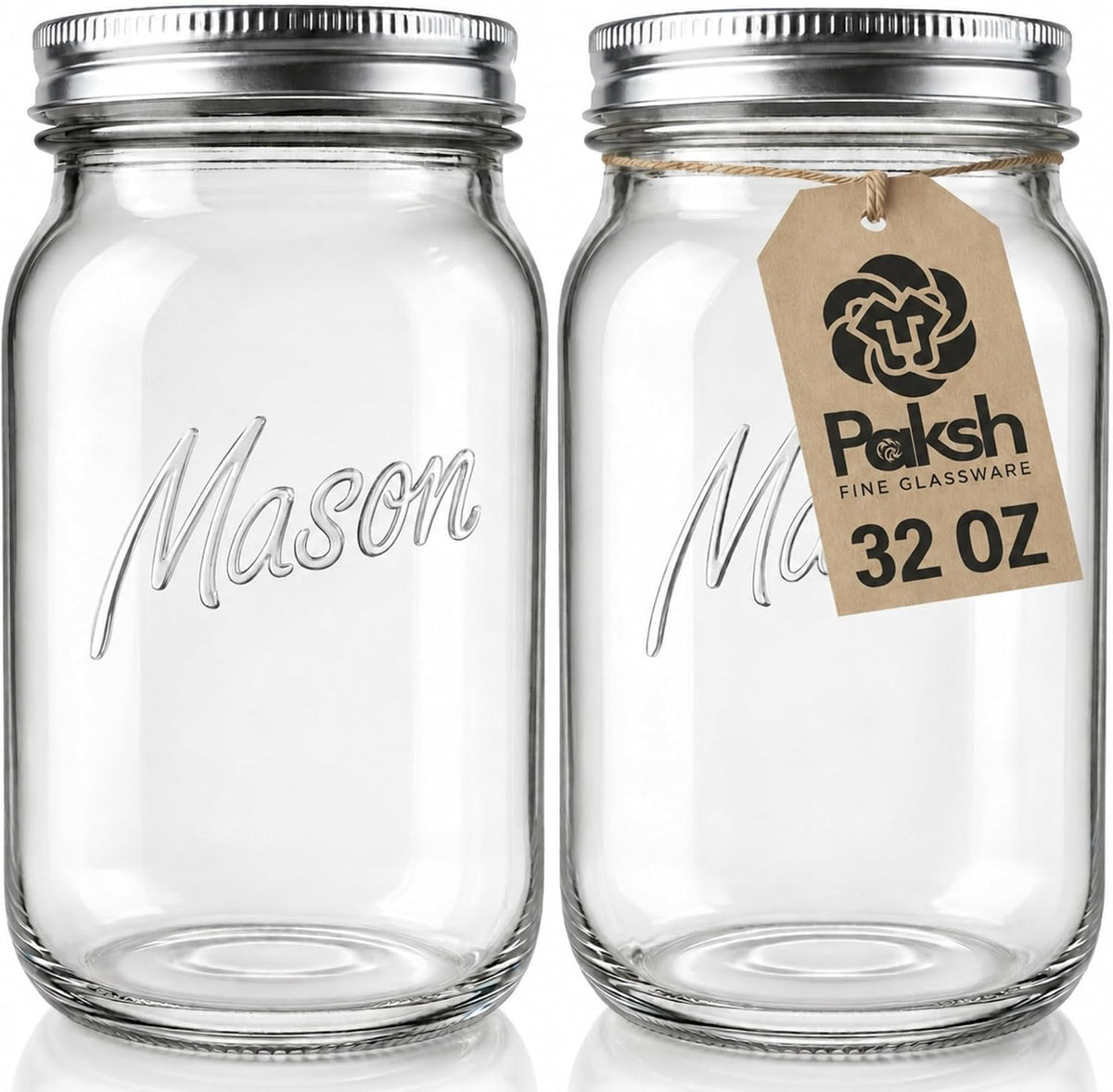 Paksh Novelty Wide Mouth Mason Jars 32 oz, Mason Jars with Lids, 2-Pack