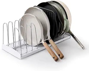 YouCopia StoreMore Expandable Cookware Rack with Tall Steel Wires, 12.5"-21.5" Wide Adjustable Pan Organizer for Kitchen Cabinet Storage, Premium Edition