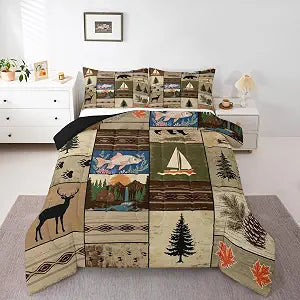 Retro Brown Cabin Comforter Set Full,Patchwork Woodland Bear Deer Bedding Sets For Rustic Lodge,Farmhouse Wooden Wild Animal Down Comforter For Boys Adults Men,Fish Duck Boat Quilt Duvet 3 Pcs