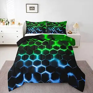 Erosebridal Honeycomb Boys Comforter Set Full Size Abstract Geometric Kids Bedding Set Neon Green Blue Honeycomb Down Comforter for Teen Men Geometrical Hexagon Beehive Bed Set 3 Pcs