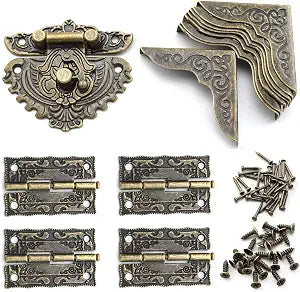 Antique Engraved Latch Hasp Hinges and Box Corner Protectors Hardware Kit