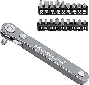 MULWARK 20pc 1/4 Ultra Low Profile Mini Ratchet Wrench Close Quarters Screwdriver Set with High Torque - Right Angle EDC Tool with 90 Degree Mini Offset Reversible Drive Handle & Multi Hex Bits Set