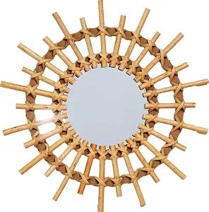 OYPEIP 12" Small Natural Rattan Sunburst Bohemian Hanging Glass Decor,Rustic Handwoven Innovative Art Decoration Round Makeup Mirror for Dressing Living Room Bedroom Bathroom Corridor,Entryway