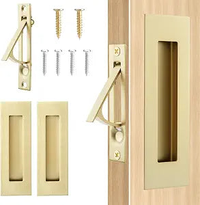 MaxxGeek Pocket Door Hardware Set  2 Recessed Flush Finger Pulls & 1 Edge Pull, Made of 304 Stainless Steel, Template Included, Gold