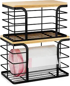 2 Pack Stackable Storage for Kitchen Laundry Pantry Organizers,Trash Bag Holder with Bamboo Top,Wall Mount Garbage Bag Dispenser,Black Large and Small