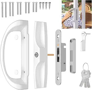 Sliding Glass Door Handle Set,3-15/16" Screw Hole Spacing, Fits Door Thickness 1-3/8" to 2-1/4",Reversible Patio Door Handle Set with Keyed Cylinder & Mortise Lock,Centered Latch, White