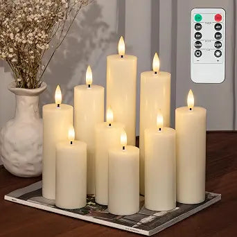 Flameless Pillar Candles, 9 Pack Ivory Real Wax Remote Timer Candles