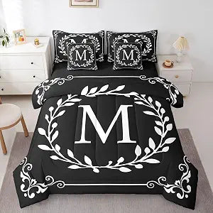 Erosebridal Monogram Letter M Comforter Set with Sheets Black White 7 Piece