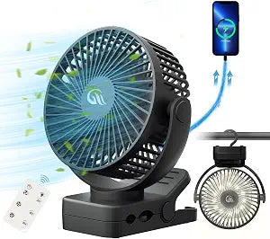 Portable Fan with Remote Control & Timer & LED Lights, 60hrs 12000mAh USB Rechargeable BatteryClamp/Hanging/Stand Up, Small Clip on Fan for Baby Stroller, Bed, Desk, Camping Tent, Travel