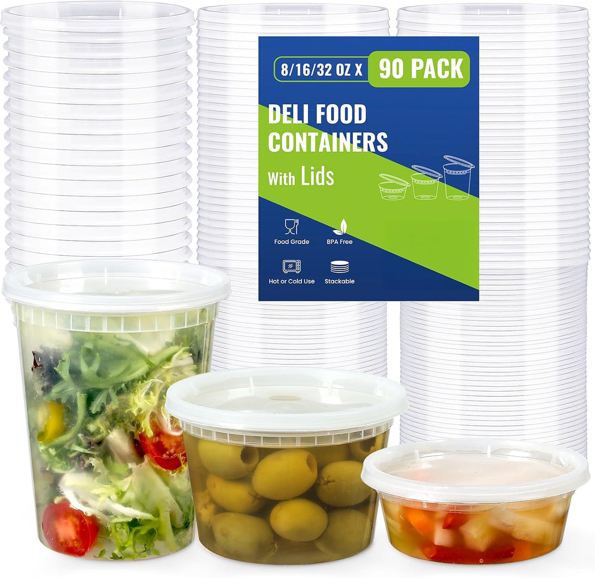 90 Sets Plastic Deli Containers With Lids, Assorted Sizes (8 oz 16oz 32oz) Variety pack, Airtight Food Storage Containers, Freezer/Dishwasher/Microwave Safe, Soup Containers For Takeout Food Storage