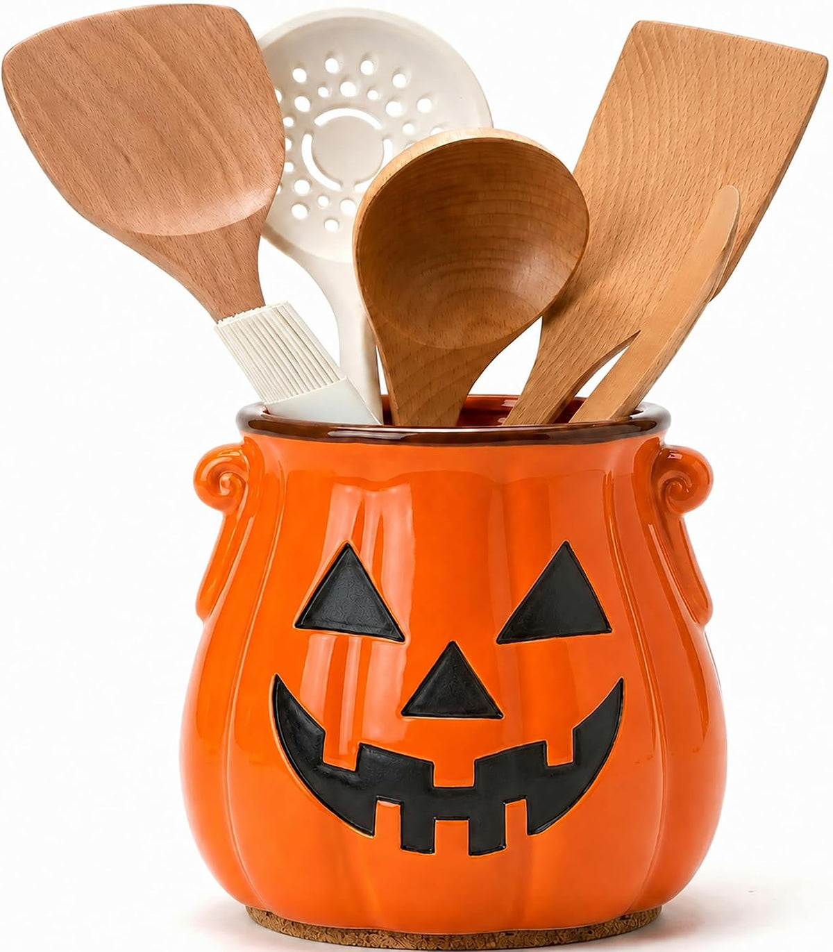 Halloween Ceramic Pumpkin Utensil Holder for Kitchen, Orange Candy Crock