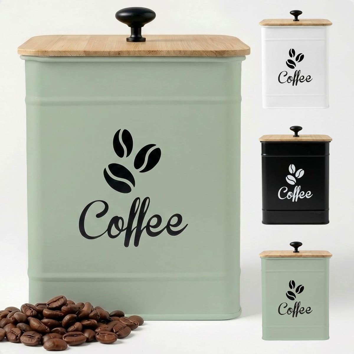 Airtight Coffee Canister 40 oz, 6"x 8" Metal Jar w/ Rubber-Lined Bamboo Lid