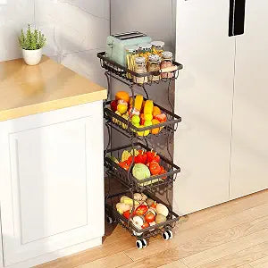 CHLORYARD 4 Tier Slim Fruit Basket for Kitchen, Stackable Metal Wire Fruit Vegetable Storage Baskets Organizer Stand on Wheels, Produce Basket Potato Onion Storage Bins Rack for Pantry. (Black)