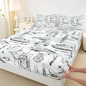 Aircraft Fitted Sheet Twin Size,Sketch Tank Cars Bedding Set for Boys Kids Teens Men Room Decor,Light Army Green White Camo Bed Sheet Modern Transport Equipment Deep Pocket Sheet,1 Pillowcase